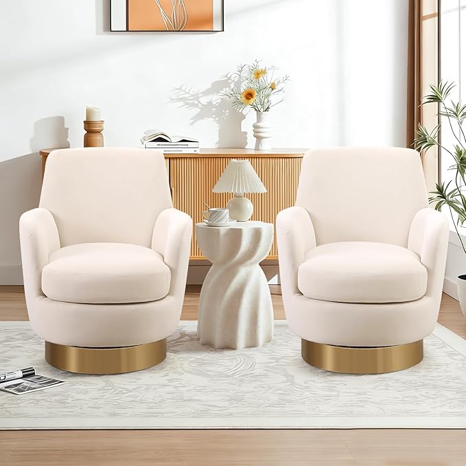 360° Swivel Barrel Chair Set of 2 28.3 Modern Velvet Round Accent Chair Comfy Upholstered Small Armchair with Gold Metal Base for Living Room Bedroom Nursery Office Sillas para Sala Beige
