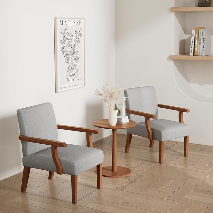 Accent Chairs Set of 2 with Round Side Table Soft Fabric Upholstered Armchair Wooden Frame Mid Century Modern Wide Accent Chair Corner Chair for Living Room Bedroom Office (Light Grey)
