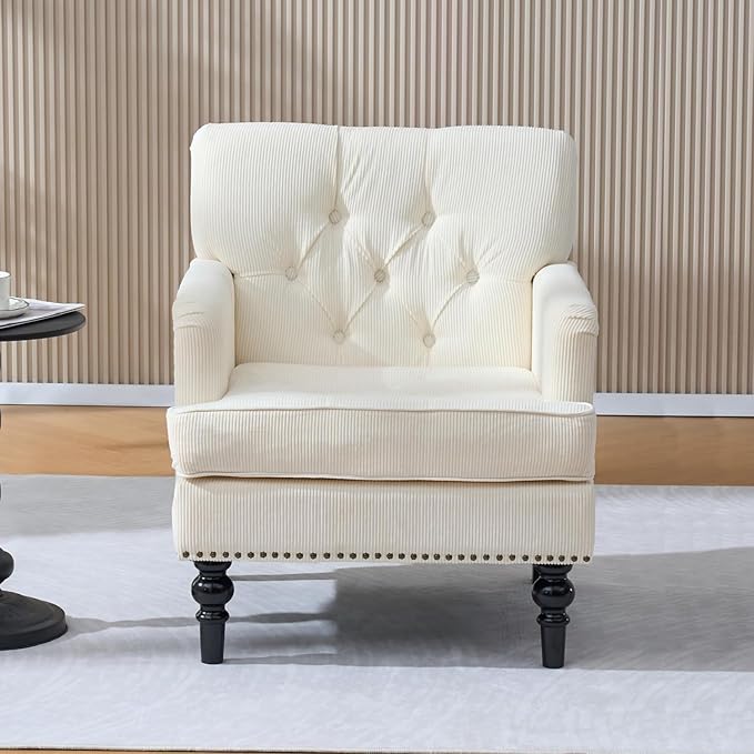 Mid Century Modern Accent Chair Upholstered Armchair for Adults with Button Linen Reading Chair with Studded and Rubber Wood Legs for Living Room Bedroom Apartment Office (Beige)