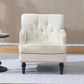 Mid Century Modern Accent Chair Upholstered Armchair for Adults with Button Linen Reading Chair with Studded and Rubber Wood Legs for Living Room Bedroom Apartment Office (Beige)