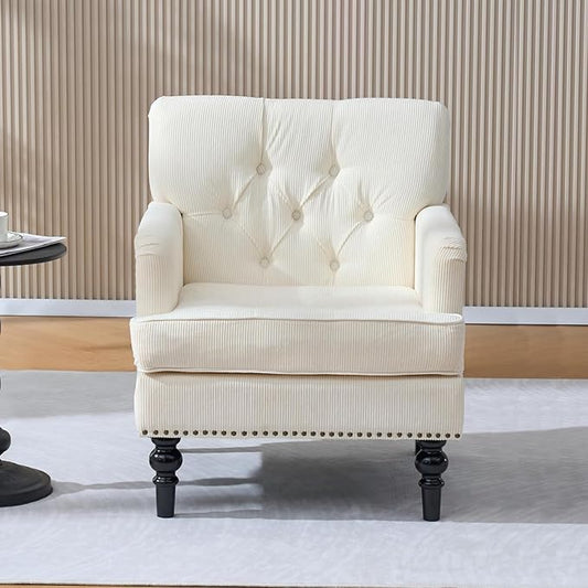 Mid Century Modern Accent Chair Upholstered Armchair for Adults with Button Linen Reading Chair with Studded and Rubber Wood Legs for Living Room Bedroom Apartment Office (Beige)