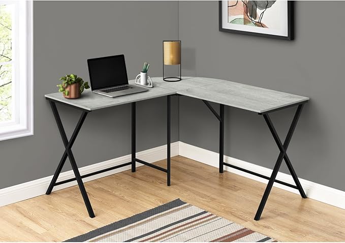 Contemporary L-Shape Corner Computer Desk 55 L Grey Laminate Black Metal Home Office Workspace