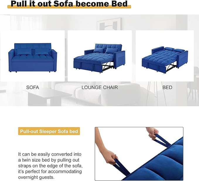 FONTOI 3 in 1 Sleeper Sofa Bed Futon Sofa Bed for Living Room with Side Pocket Blue Sleepers Sofas Couch with Pullout Beds Convertible Love Seat Sleepers couch for Living Room Bedroom Small Space