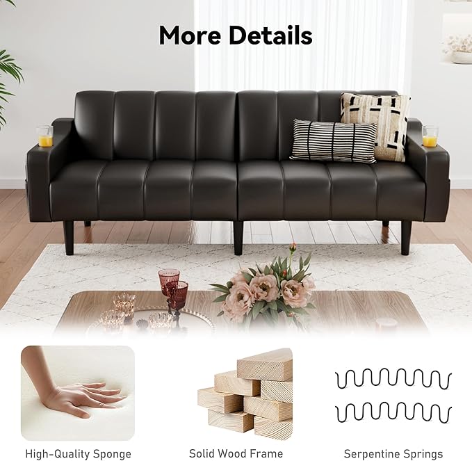 Brelice 80'' Leather Couch Futon Sofa Bed Faux Leather Couch with Adjustable Backrest 2 Cup Holders &amp Side Pockets Mid Century Modern Sofa for Living Room Bedroom Black
