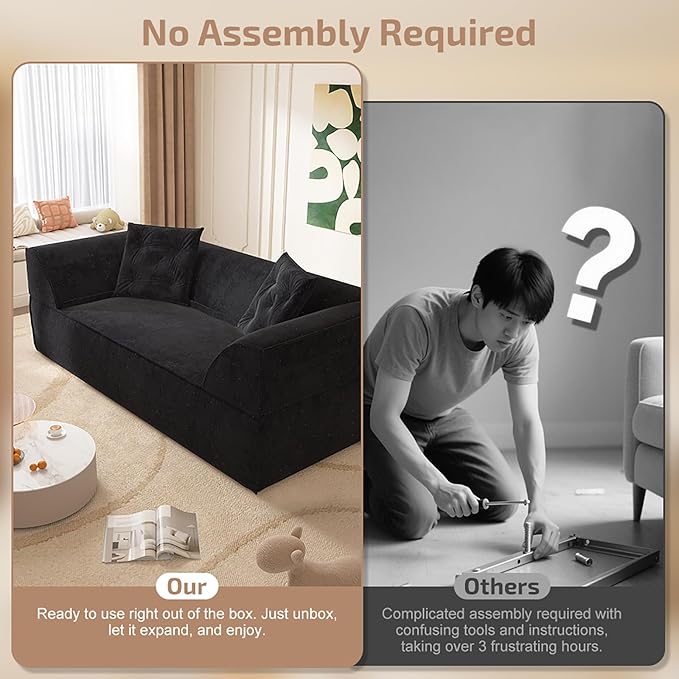 3-in-1 Convertible Sofa Bed 3-seater Boneless Futon Couch with Adjustable Backrest and Armrests Chenille Chaise Lounge Sofa with Pillows Floor Sleeper Loveseat for Living Room Reading Room Black
