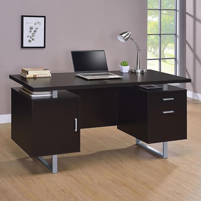 Cappuccino Floating Top Office Desk with Storage - Modern Desk for Home Office or Business - Includes Shelves
