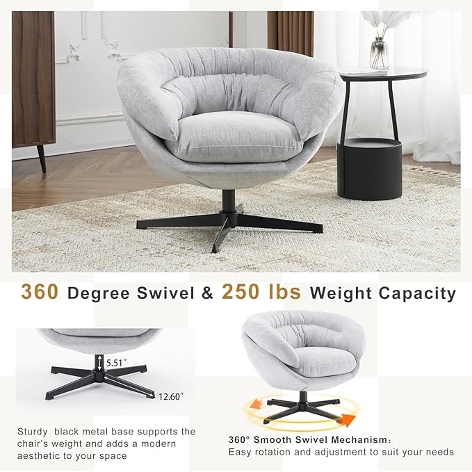 Modern Chenille Office Chair 360° Swivel Club Chair/Accent Chair with Removable Cushion Round Office Chair Black Metal Base Cotton Material Living Room Bedroom Reading Corner (Gray)