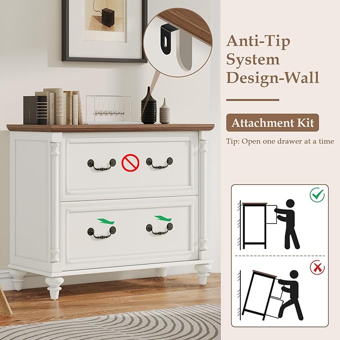 Farmhouse Lateral File Cabinet 2 Drawers File Cabinet for Legal/Letter/A4 Size Hanging Files Large Wood File Storage Cabinets Printer Stand for Home Office Cabinet White