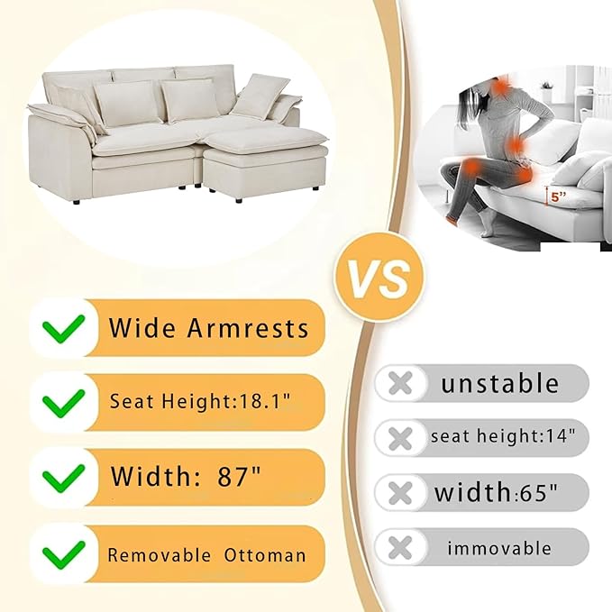 87 L Shaped Sectional Sofa Modular Deep Seat Sofa Couch with Ottoman Chenille Sofa Sleeper Comfy Upholstered Furniture for Living Room Apartment Studio Office (Beige L-Shaped)