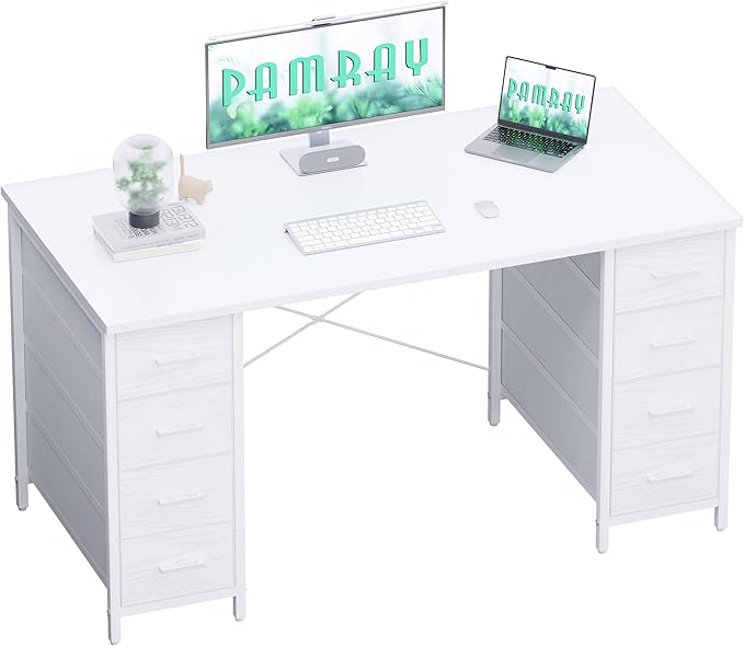 Pamray 47 Inch Computer Desk with 8 Fabric Drawers PC Gaming Desk Home Office Study Work Writing Table for Bedroom White