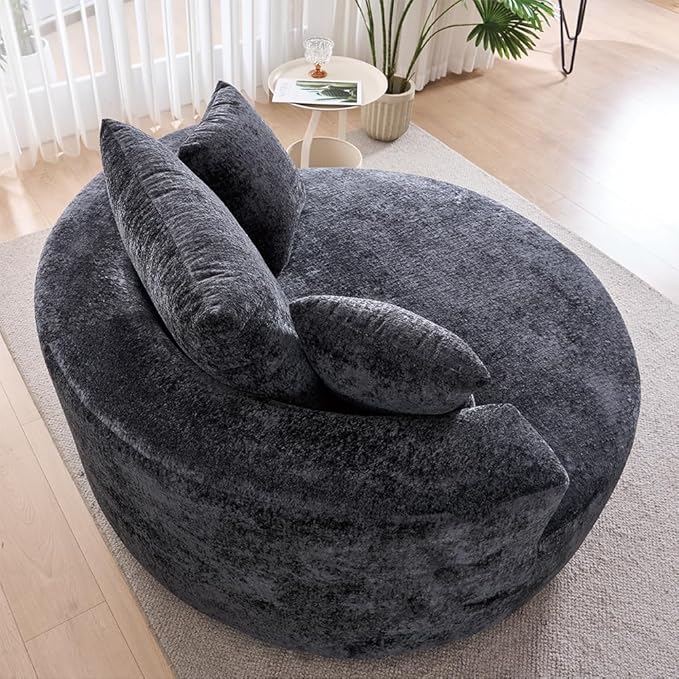 Swivel Accent Barrel Chair Oversized Modern Akili Upholstered Sofa Lounge Club Leisure Chair Round Chair for Hotel Living Room with 3 Pillows (Black Chenille) 15D x 38.6W x 50H in