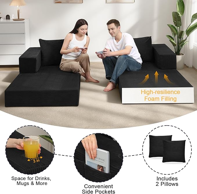 COMAX Boneless Couch Futon Sofa Bed Couches Versatile Queen for Living Room 79 4 in 1 Convertible Sleeper Corduroy Couch Foam in a Box Foldable Fold Out Floor Mattress No Assembly Required Black