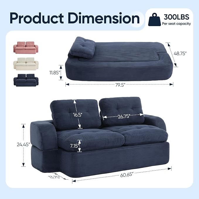 Sofa Bed Couch Convertible Futon Sofa Bed Foldable Boneless Couch No Assembly Love Seat Mattress Sleeper for Living Room Bedroom Apartment Navy