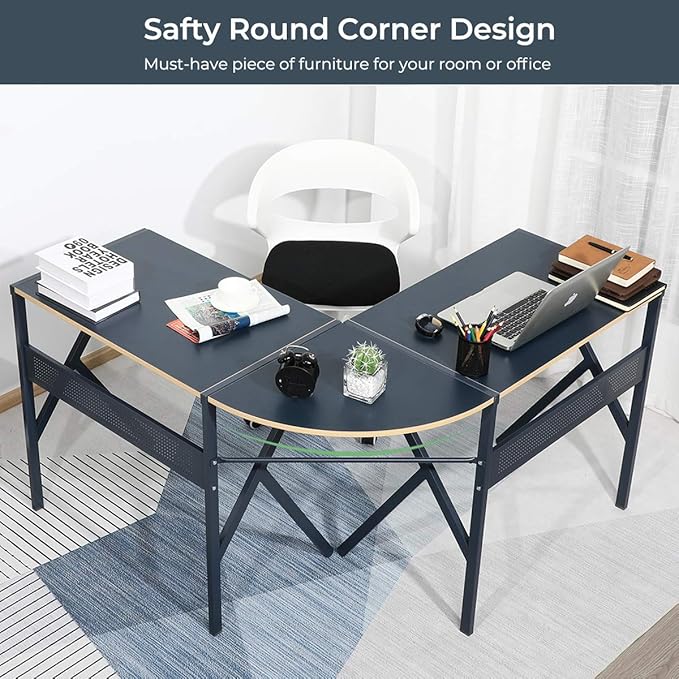 FurnitureR L-Shaped Computer Desk Gaming Table Home Office Corner Desk Writing Study Computer Table with Sturdy Metal Frames for Home Office Saves Space Black (49.2 Inch)