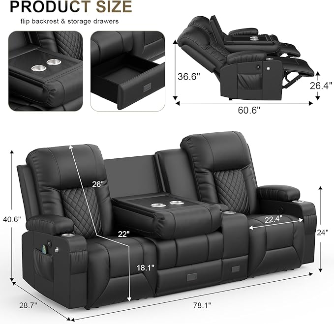 YONISEE 3 Seat Recliner Sofa with Flip Backrest Design Loveseat Reclining Sofa with Storage Console Drawer USB Ports 2 Cell Phone Holder Loveseat Recliner Couch for Living Room
