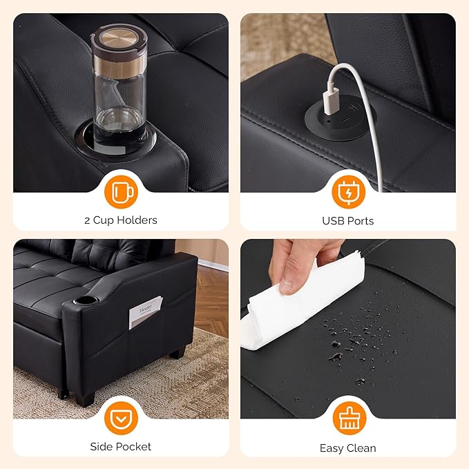 VINGLI Black Futon Sofa Bed Convertible Loveseat Sleeper Couch Faux Leather Pullout Sofa Fold Out Couch Bed with USB Ports Cup Holders Armrest for Living Room Bedroom Apartment Room