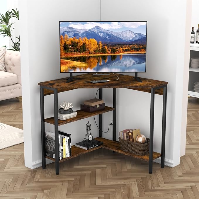 Auromie Corner Desk with Outlets &amp USB Ports 90 Degree Triangle Corner Table with CPU Stand &amp Storage Shelves for Small Space Computer Table with Charging Station for Home Office Bedroom (Ru