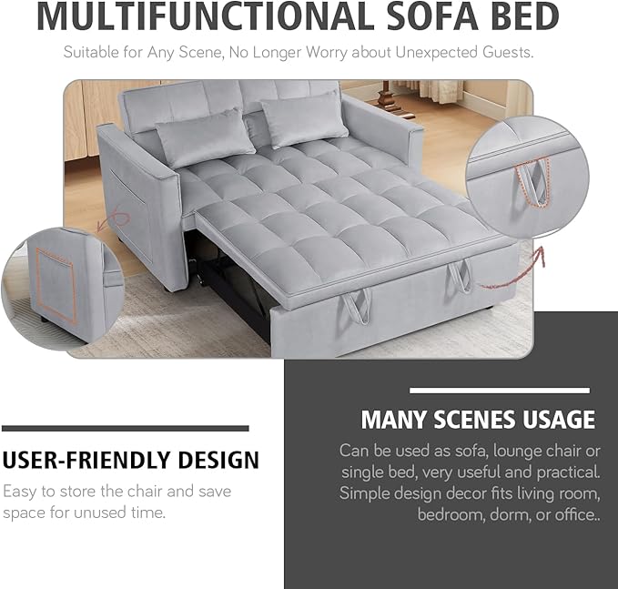 3 In 1 Velvet Convertible Sofa Bed Pull Out Couch Bed with Reclining Backrest And 2 Pillows 54 Full Size Loveseat Sleeper Sofa Futon Couch Beds Couches For Small Spaces Living Room (Silver Grey)