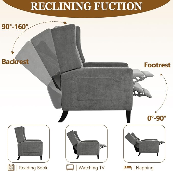 Wingback Recliner Chairs with Foldable Side Table&ampUSB Charging PortsMid Century Accent Single Sofa Small Recliner ChairModern Comfy Pushback Reclining Chair for Living Room (Polyester Grey)