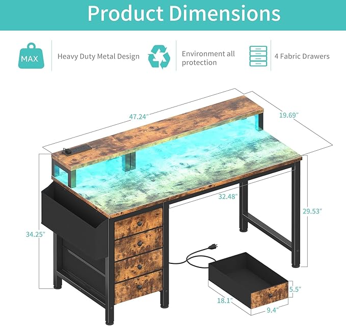 Lufeiya Reversible Gaming Desk with LED Lights and Power Outlets 47 inch Home Office Desk with Monitor Stand Computer Desk with Fabric Drawers Rustic Brown