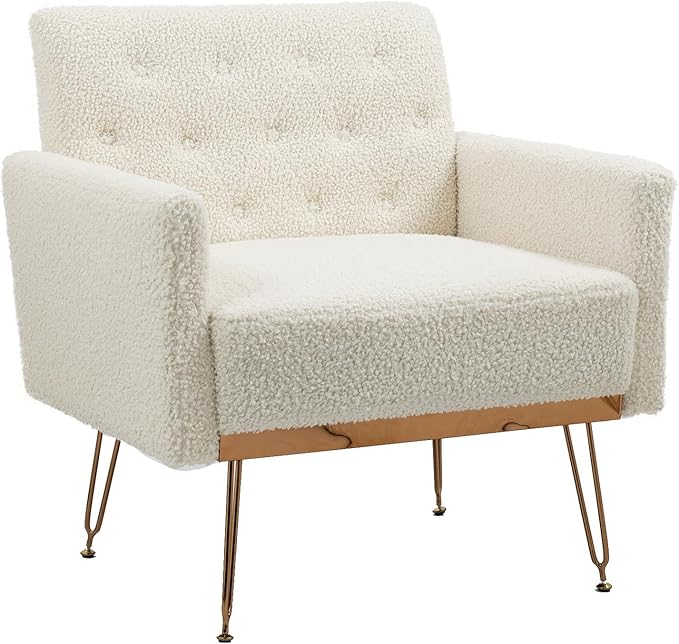 KEIKI Small Teddy Accent Chair 31 Inch Modern Tufted Upholstered Armchair with Metal Leg Comfortable Single Sofa Side Reading Chairs Comfy Arm Chair for Bedroom Living Room Easy Assembly White
