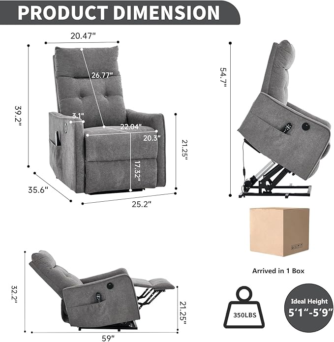 Small Power Lift Chair Recliner for Elderly Petite Power Recliner Chair with Massage and Heat | USB | High Back | Push Button | Side Pockets Liviing Room Easy Assembly (Chenille Light Grey)