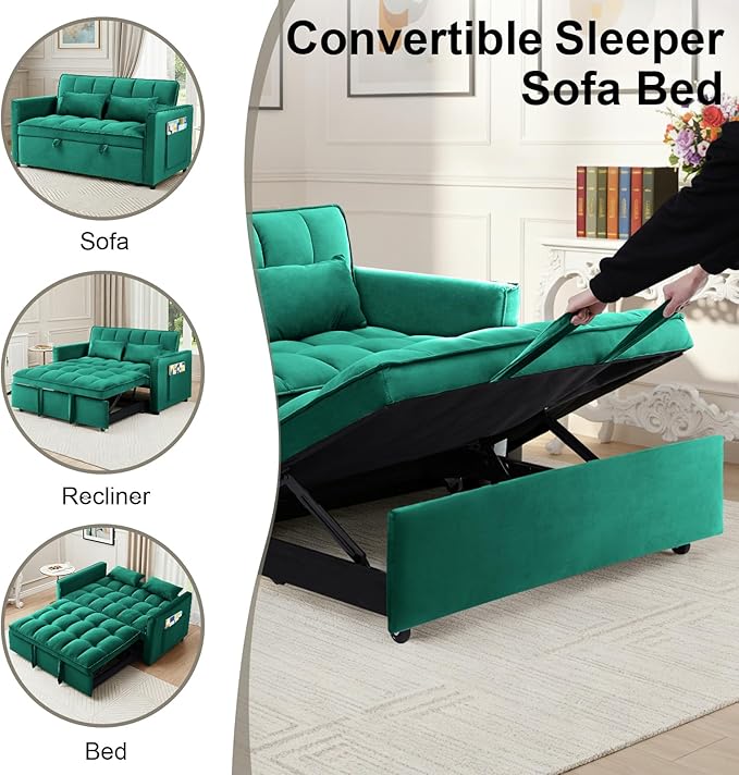 3-in-1 Convertible Sofa Bed 55'' Pull Out Couch Bed with Adjustable Backrest Velvet Fabric Sleeper Loveseat Sofa with Side Pocket Perfect for Living Room Easy Assembly(Green)