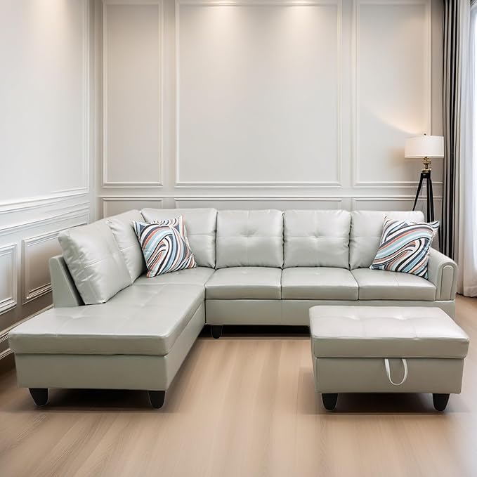FONTOI L Shaped Sectional Couches Leather Couch Modular Sectional Sofa with Ottoman Storage Modern L Shaped Couch with Chaise for Living Room Bedroom Apartment Furniture White
