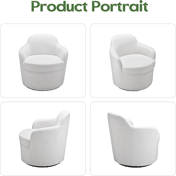Swivel Accent Chairs Set of 2 Round Barrel Chairs with Washable Detachable Cover Living Room Chairs with Solid Mental Base Upholstered Accent Chairs for Living Room Bedroom Teddy (White)