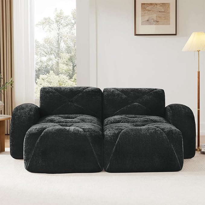 Black Loveseat Sectional Couches for Living Room Velvet Fabric Boneless Couch No Assembly Cloud Modular Sectional Sofa Love Seat with 2 Ottoman Foam Couch Compressed Sofa Set Sofas para Sala