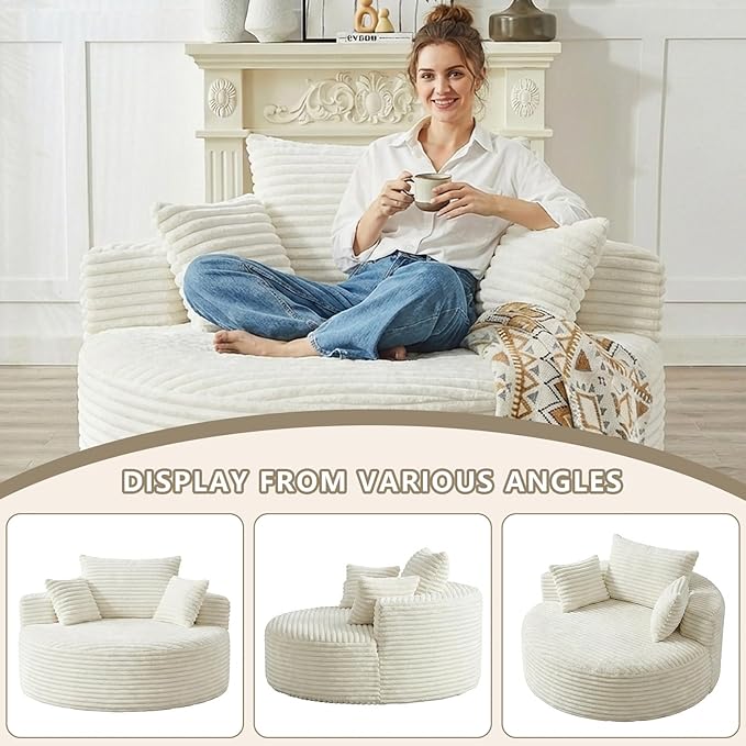 55 L Corduroy Sponge Single Sofa Oversized Round Chair Fluffy Modern Sleeper Chairs for Living Room Lounge and Projection Room Wide Armrest Lounge Chairs Armchair with Pillow White