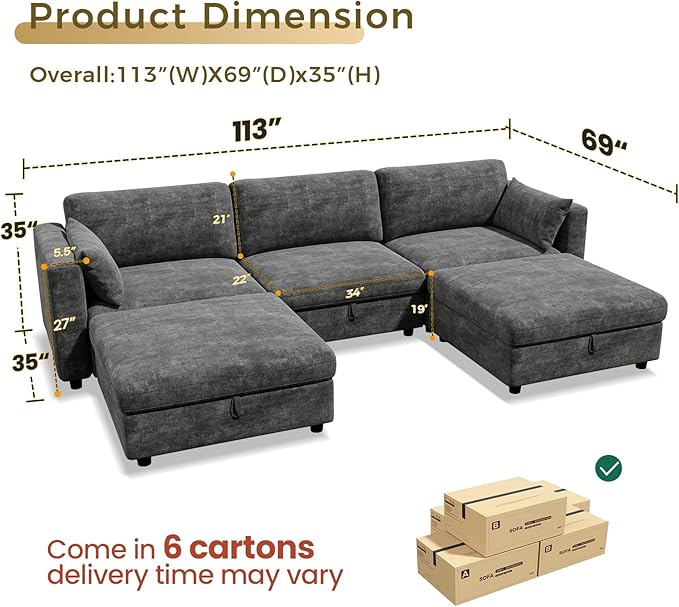 KKL Modular Sectional Couches for Living Room Chenille 5 Seater Sofa Couch with Adjustable Backrest Sofa Couch with Comfy Cushion Dark Grey