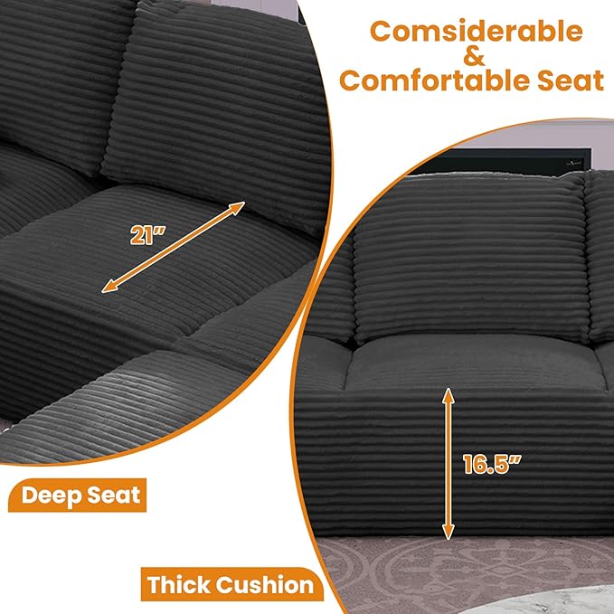 Oversized Convertible L Shaped Sectional Sofa Cloud Couch with Movable Ottoman 103.5 Inch 4 Seat Corduroy Boneless Sofa Set No Assembly Required Floor Couch with Throw Cushions for Living Room
