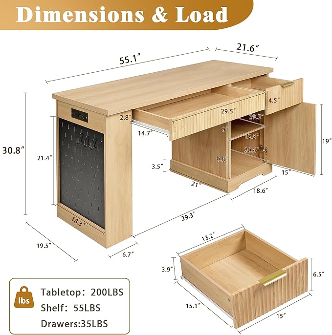 RiteSune 55 Office Desk with USB Charging Fluted Computer Desk with Pegboard Convertible Keyboard Tray &amp Adjustable Storage Cabinet Modern Home Office Desk