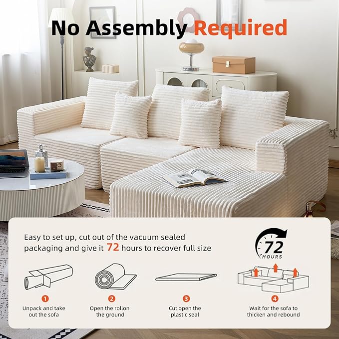 108” Boneless Couch for Living RoomModular Sectional Sofa with Right ChaiseCloud Sectional Couch L-Shaped Deep Seat Corner Couches for BedroomBeige