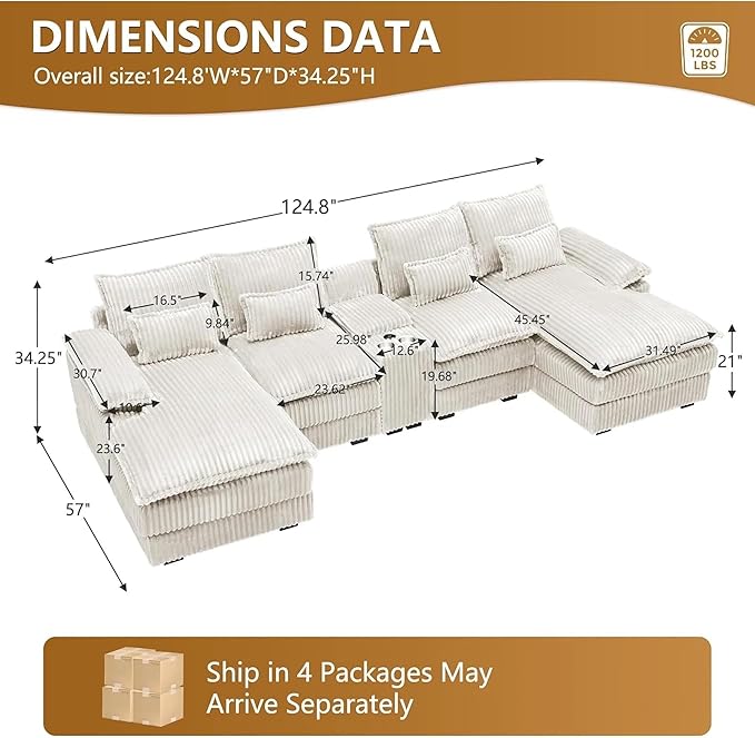 125 Modular Sectional Sofa Corduroy U-Shaped Cloud Couch with Storage &amp USB 6 Seat Sectional Couches Oversized Comfy Fluffy Deep Seat Sectionals Sofa Set for Living Room Beige 5-Piece