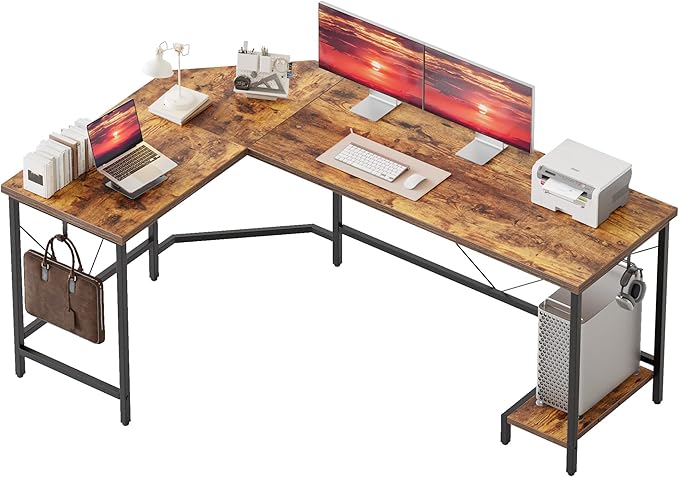 Mericonia 50 inch Large L Shaped Desk Simple Corner Gaming Desk with CPU Stand &amp Hooks Computer Desk for Home Bedroom &amp Office Workspace Rustic Brown
