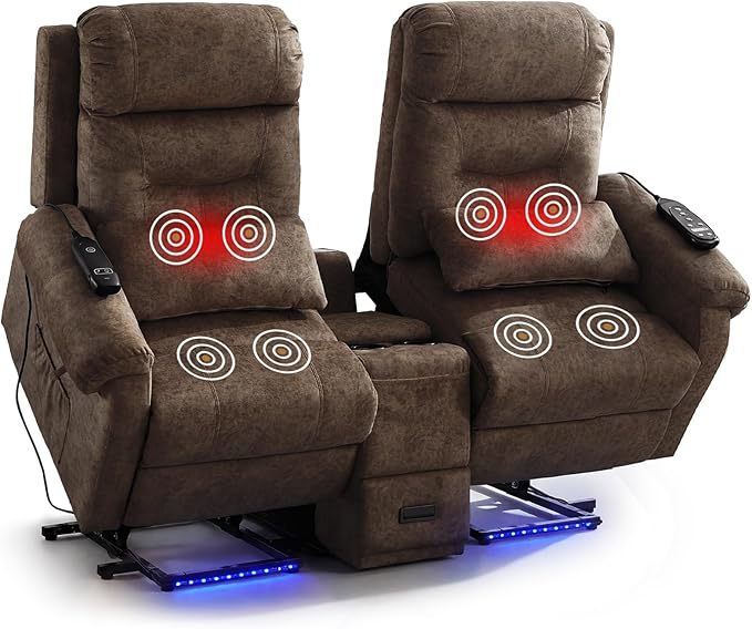 SAMERY Loveseat Recliner Sofa Power Lift Recliner for Elderly with Massage and Heat Electric Reclining Loveseat Sofa Couch with Console Cup Holder Outlets USB Drawer (Brown Lift Loveseat) | Eas