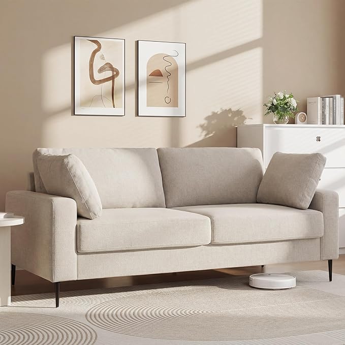 84.3 Modern Loveseat Sofa Comfy Couches with Spring Cushion Solid with Wood Frame 2 Pillows Included Mid Century Modern Design Home Sofa for Living Room Off White