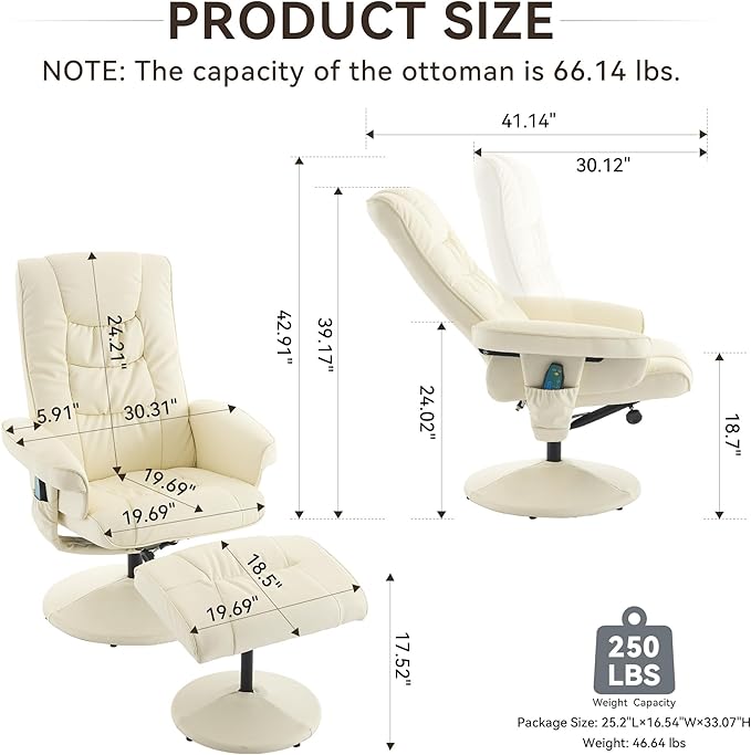 Merax Recliner Chair with Ottoman - 360° Swivel Massage Lounge Chair with 5-Point Vibration &amp Heated Seat 140° Adjustable PU Leather Recliner for Living Room Home Theater or Office Beige