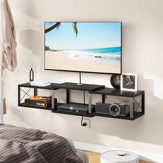 IBUYKE Floating TV Stand with Power OutletWall-Mounted Floating Stand for TVs up to 55Metal Wall Entertainment CenterWall Mounted TV Shelf with Storage for Living Room BedroomBlack UWST011B