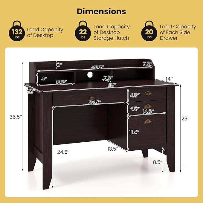 Tangkula Computer Desk with 4 Storage Drawers &amp Hutch Home Office Desk Vintage Desk with Storage Shelves Wooden Executive Desk Writing Study Desk (Brown)