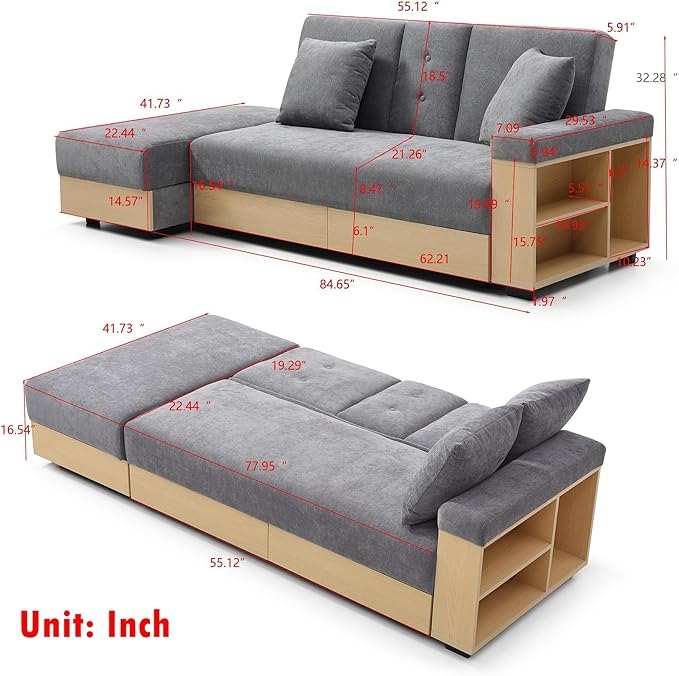 Convertible Sofa Bed 85 Folding Sectional Sleeper Sofa with Storage Ottoman Drawers Built-in Bookshelves and 2 Cup Holders Linen (Gray)