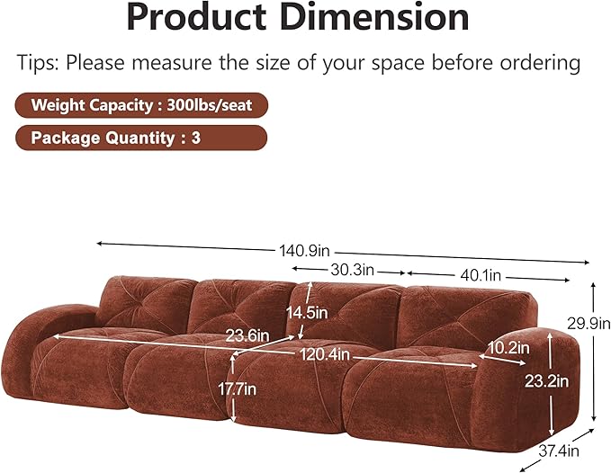 Boneless Couch Sectional Couches for Living Room 140.9'' Cloud Couch with Deep Seat Comfy Soft Velvet Modular Sectional Sofa Modern Oversized 4-Seater Boneless Sofa No Assembly Red