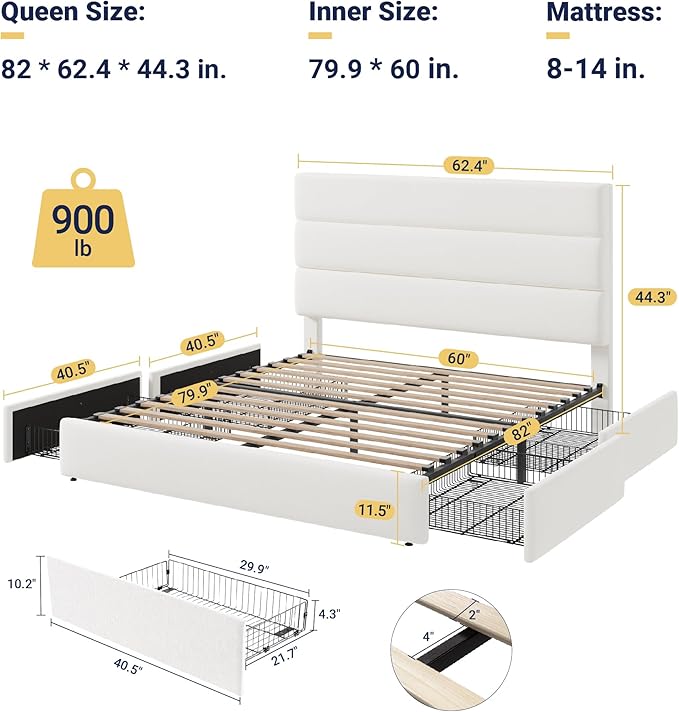 Allewie Modern Queen Size Platform Bed Frame with 4 Storage Drawers and Velvet Upholstered Headboard Wooden Slats Support Upholstered Mattress Foundation/No Box Spring Needed/Easy Assembly White