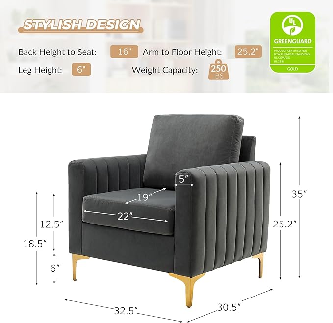 HULALA HOME Velvet Accent Club Chair Modern Velvet Armchair Upholstered Accent Sofa Chair with Gold Metal Legs Mid-Century Barrel Leisure Comfy Reading Armchair Grey