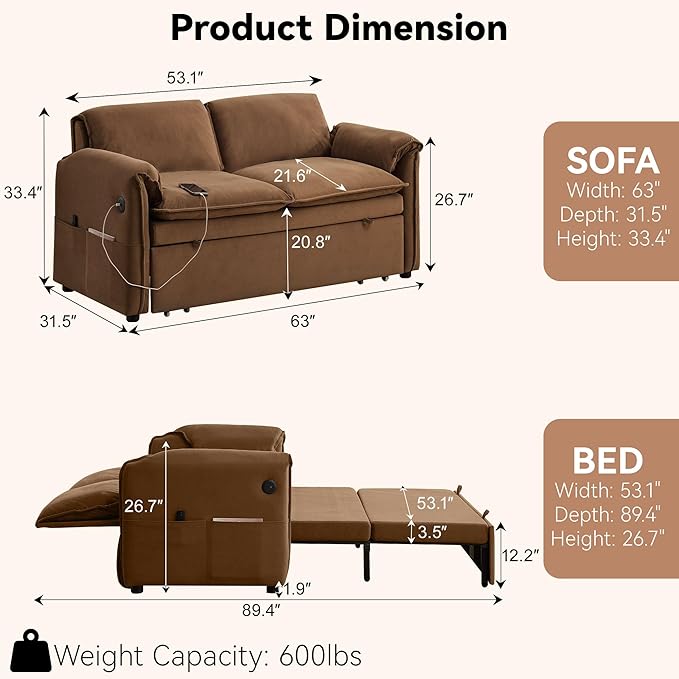 63 Velvet 3 in 1 Convertible Sleeper Sofa Bed Pull Out Couch Bed Loveseat with Adjustable Backrest Chaise Lounge USB Port &amp Side Pocket Modern Sofa for Living Room Small Spaces Brown
