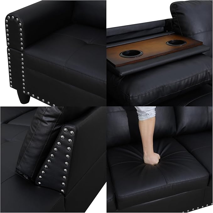 Sectional Couches for Living Room Convertible 4 Seat Modular Sectional Sofa Set for Living Room L Shaped Couch Modern Sofas for Apartment/Office Black