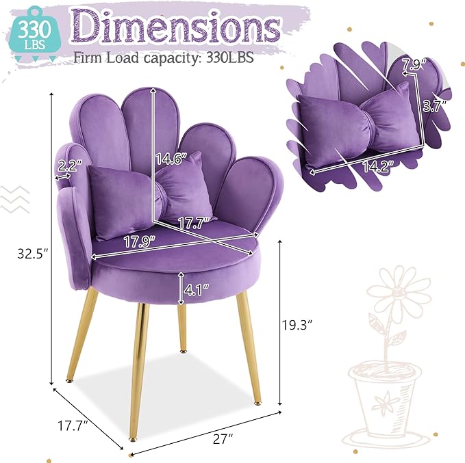VINGLI Petal Makeup Vanity Chair with BackFlower Cute Girls Desk Chair Comfy No WheelsModern Dining ChairSmall Accent Chair with Adustable Gold Legs&ampBow Pillow for Home OfficeBedroomVelvetPu