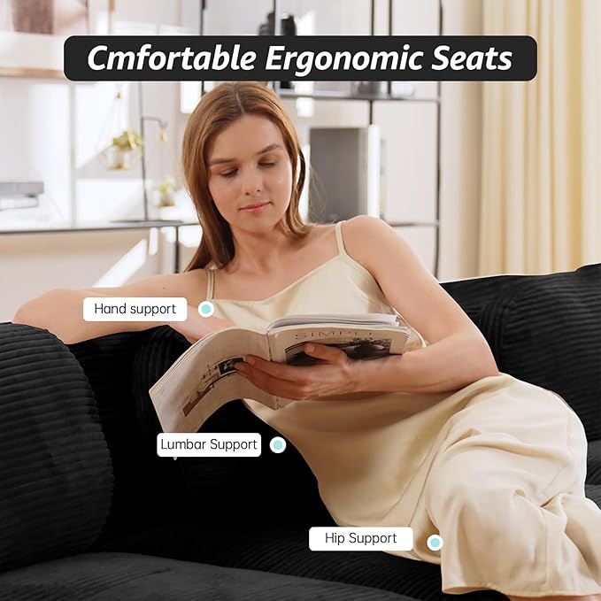 152 Modern Boneless Couches for Living Room Corduroy Cloud Couch Sectional Black Modular Sectional Sofa 4 Seater with 2 Ottoman Sofas para Sala U Shaped Couch (Black 4+2 Set)